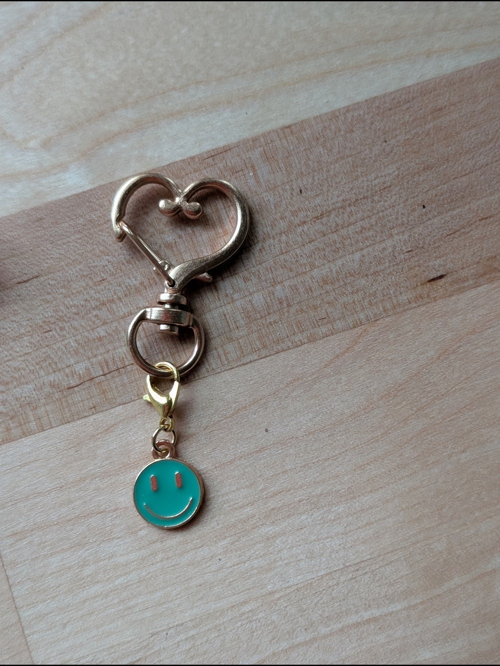 Gold Heart Clip Keychain with Teal Smile Charm